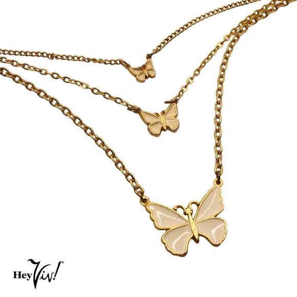 Vintage 3 Tier Chain Necklace with Ivory Enameled Butterflies 17" Long - Hey Viv - Picture 1 of 6